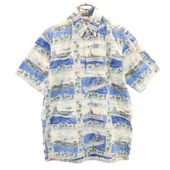 reyn spooner レインスプーナー 90s 水着タグ リバースプリント 半袖 プルオーバー ボタンダウンシャツ S アイボリー×青 メンズ