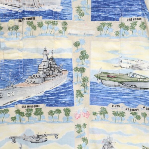 reyn spooner レインスプーナー 90s 水着タグ リバースプリント 半袖 プルオーバー ボタンダウンシャツ S アイボリー×青 メンズ