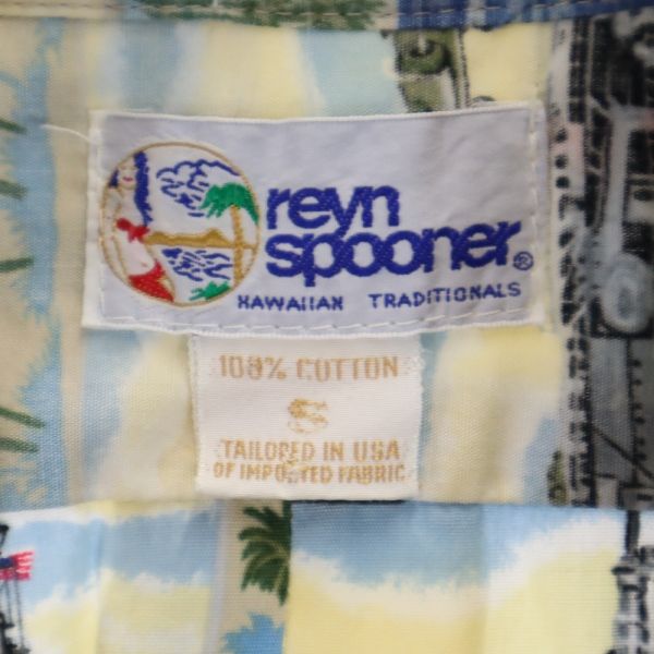 reyn spooner レインスプーナー 90s 水着タグ リバースプリント 半袖 プルオーバー ボタンダウンシャツ S アイボリー×青 メンズ