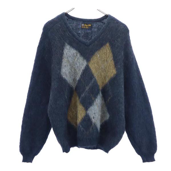 Shag-A-Pac ヴィンテージ アルパカ モヘア混 長袖 ニット L 紺×茶×グレー セーター メンズ