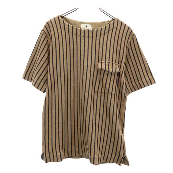 スノーピーク 日本製 ストライプ柄 半袖 ボートネック Tシャツ M ブラウン×ブラック snowpeak カットソー メンズ