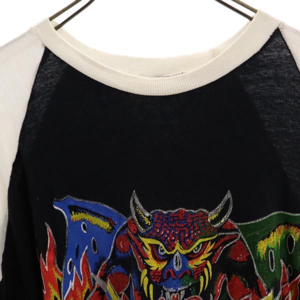 70s オールド ヴィンテージ 両面ペインティング プリント 半袖 パキ綿 Tシャツ M 黒×白 メンズ