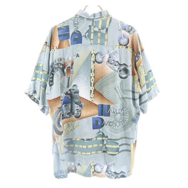 HARLEY DAVIDSON ハーレーダビッドソン USA製 バイク柄 総柄 半袖 シャツ XL グレー系 メンズ