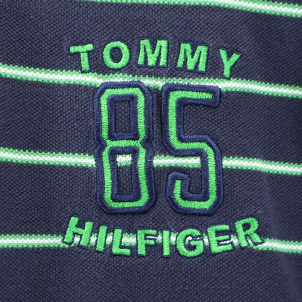 TOMMY HILFIGER トミーヒルフィガー クレイジーパターン ボーダー 半袖 ポロシャツ M 紺系 鹿の子 リメイク メンズ