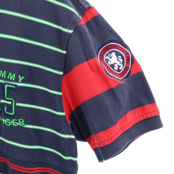 TOMMY HILFIGER トミーヒルフィガー クレイジーパターン ボーダー 半袖 ポロシャツ M 紺系 鹿の子 リメイク メンズ