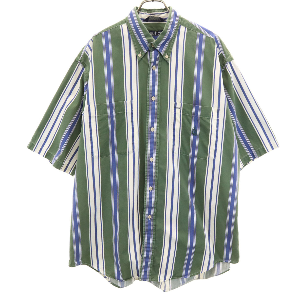 NAUTICA ノーティカ 90s USA製 オールド ストライプ柄 半袖 ボタンダウンシャツ L グリーン メンズ