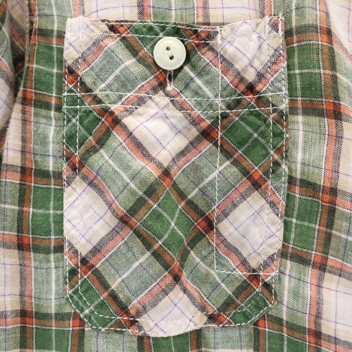 CUSHMAN クッシュマン チェック柄 半袖 リネンライク シャツ L グリーン系 メンズ