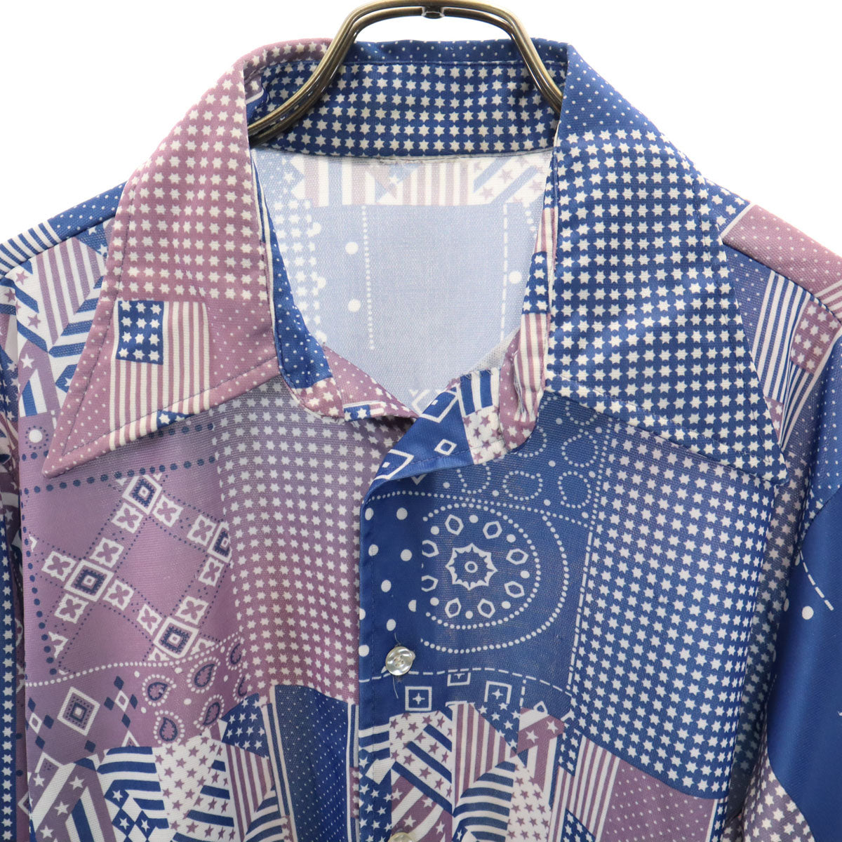 70s ヴィンテージ 総柄 長袖 シャツ ブルー系 メンズ