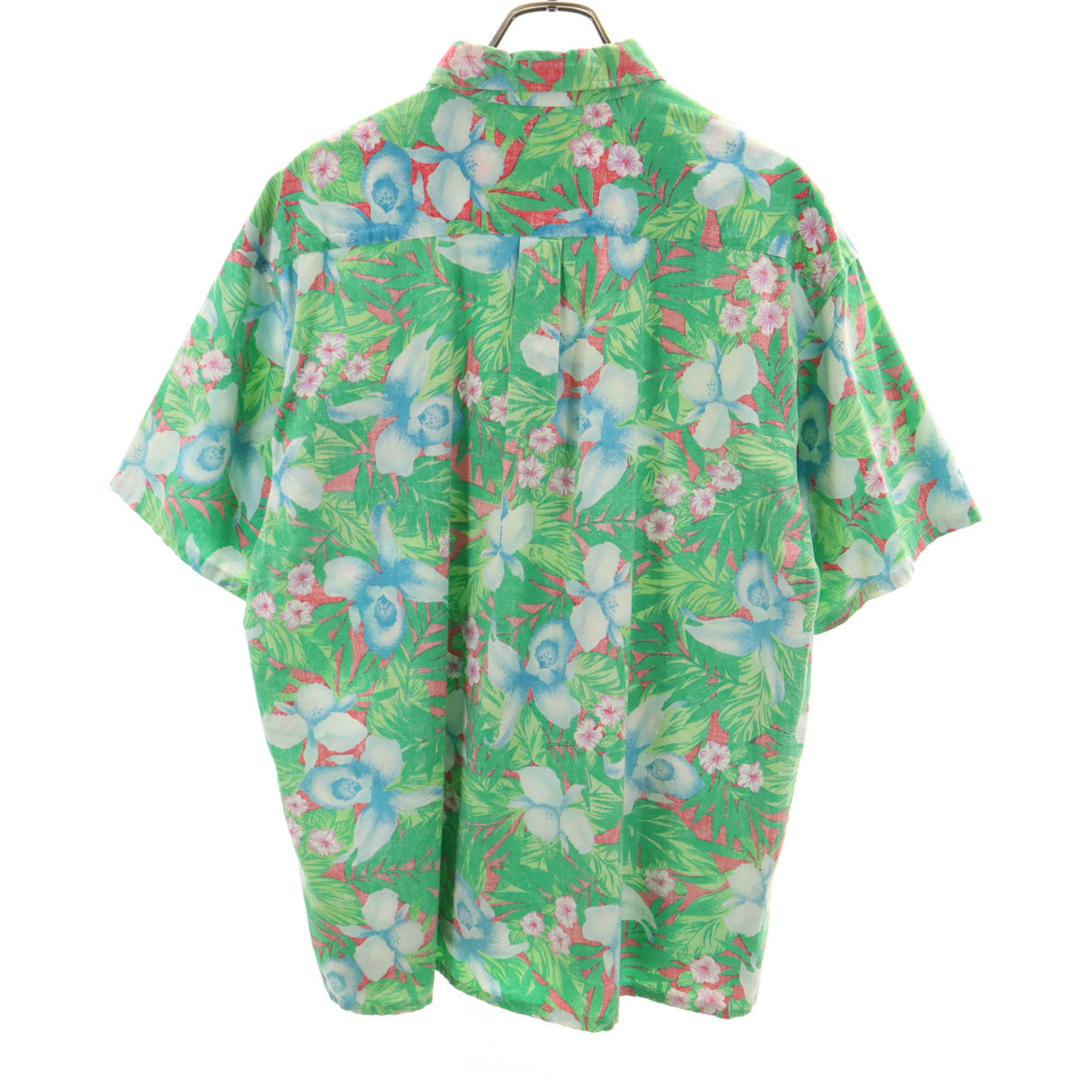 SUN BAY 90s USA製 オールド リバースプリント 半袖 ハーフボタン アロハシャツ L グリーン系 メンズ