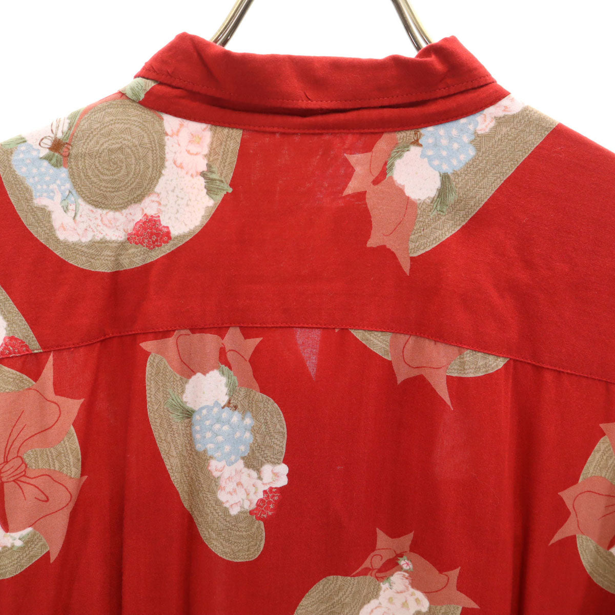 PINK HOUSE ピンクハウス 麦わら帽子柄 半袖 オープンカラーシャツ レッド レディース