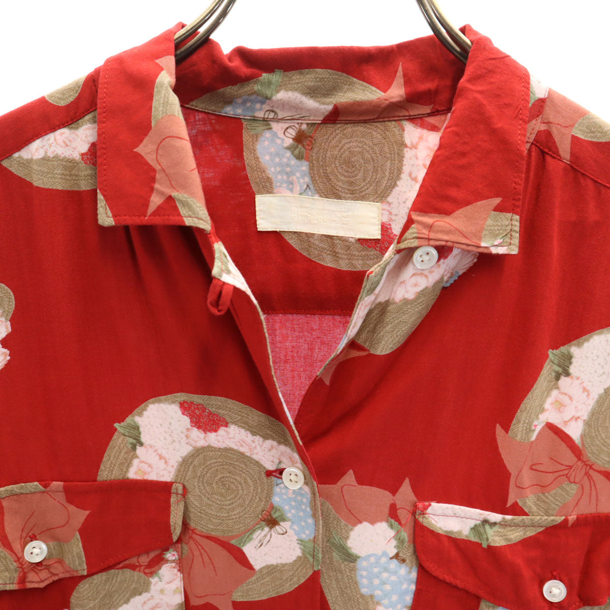 PINK HOUSE ピンクハウス 麦わら帽子柄 半袖 オープンカラーシャツ レッド レディース