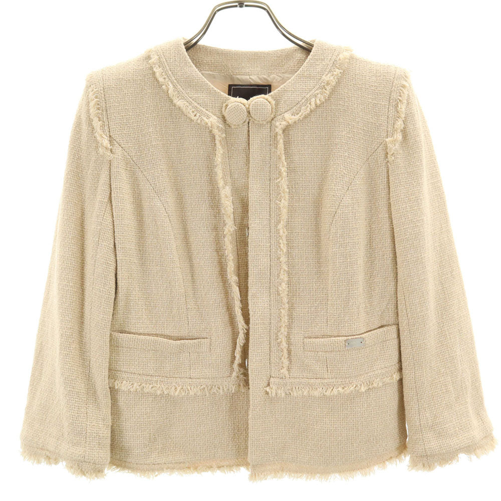 FOXEY フォクシー 日本製 7分袖 バスケットウィーブ ノーカラージャケット 38 ベージュ レディース