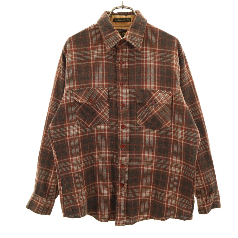 Sears シアーズ 80s リネンブレンド ヴィンテージ チェック柄 長袖 シャツ M ブラウン SportsWear メンズ