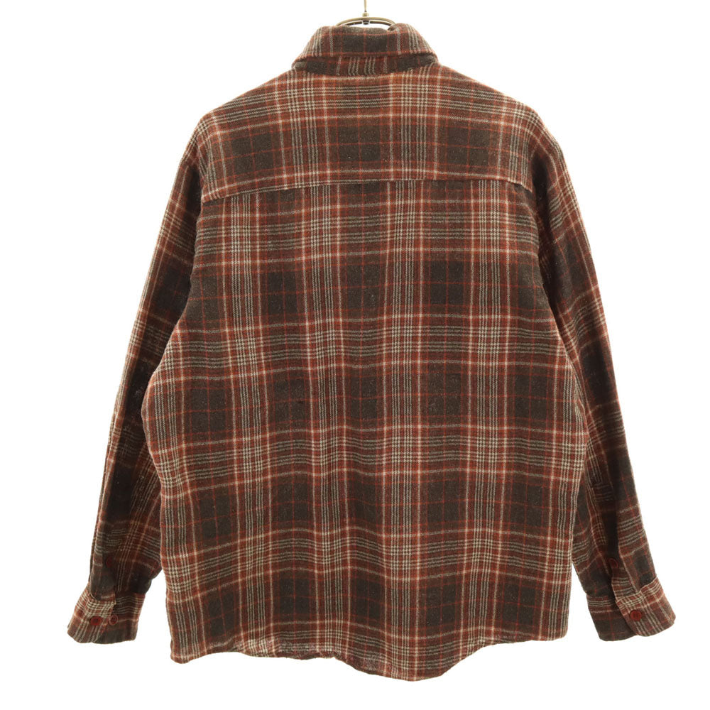 Sears シアーズ 80s リネンブレンド ヴィンテージ チェック柄 長袖 シャツ M ブラウン SportsWear メンズ