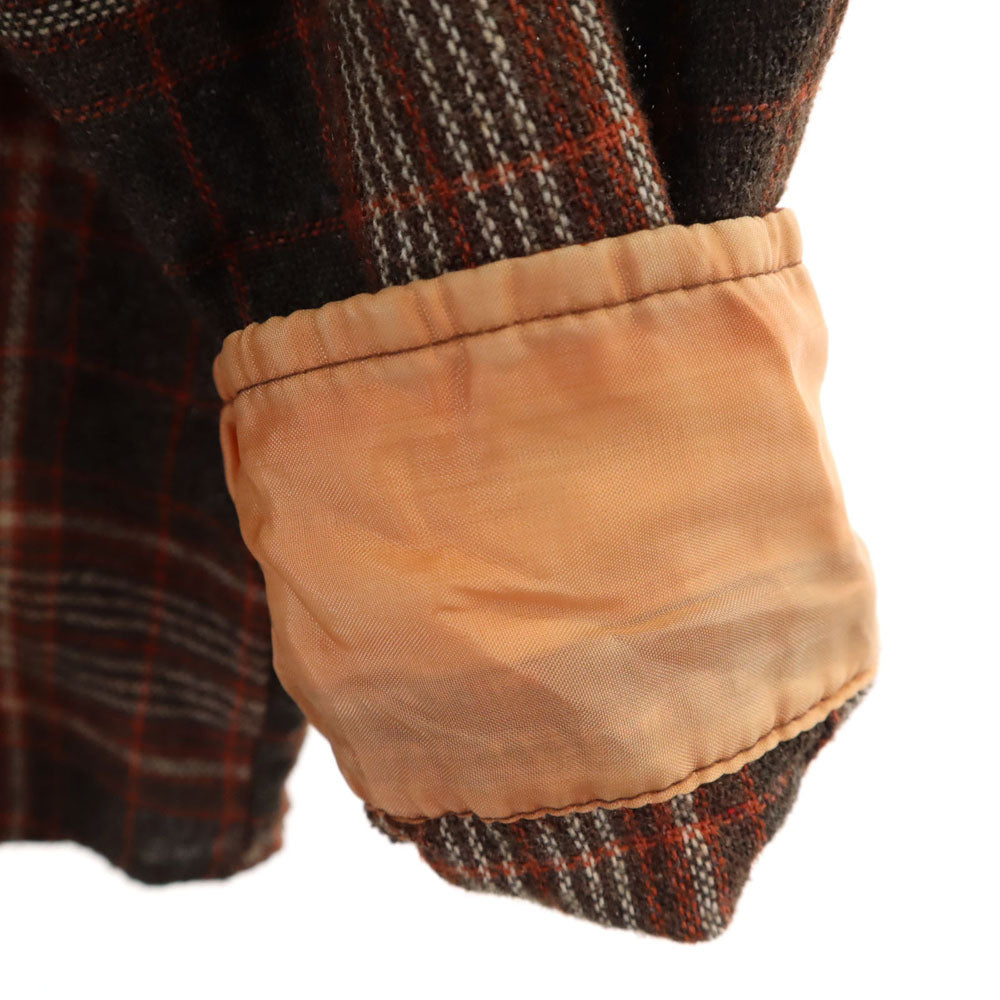 Sears シアーズ 80s リネンブレンド ヴィンテージ チェック柄 長袖 シャツ M ブラウン SportsWear メンズ