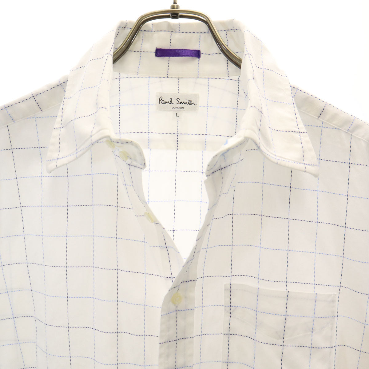 Paul Smith LONDON ポールスミスロンドン 日本製 チェック柄 半袖 コットンシャツ L ホワイト メンズ