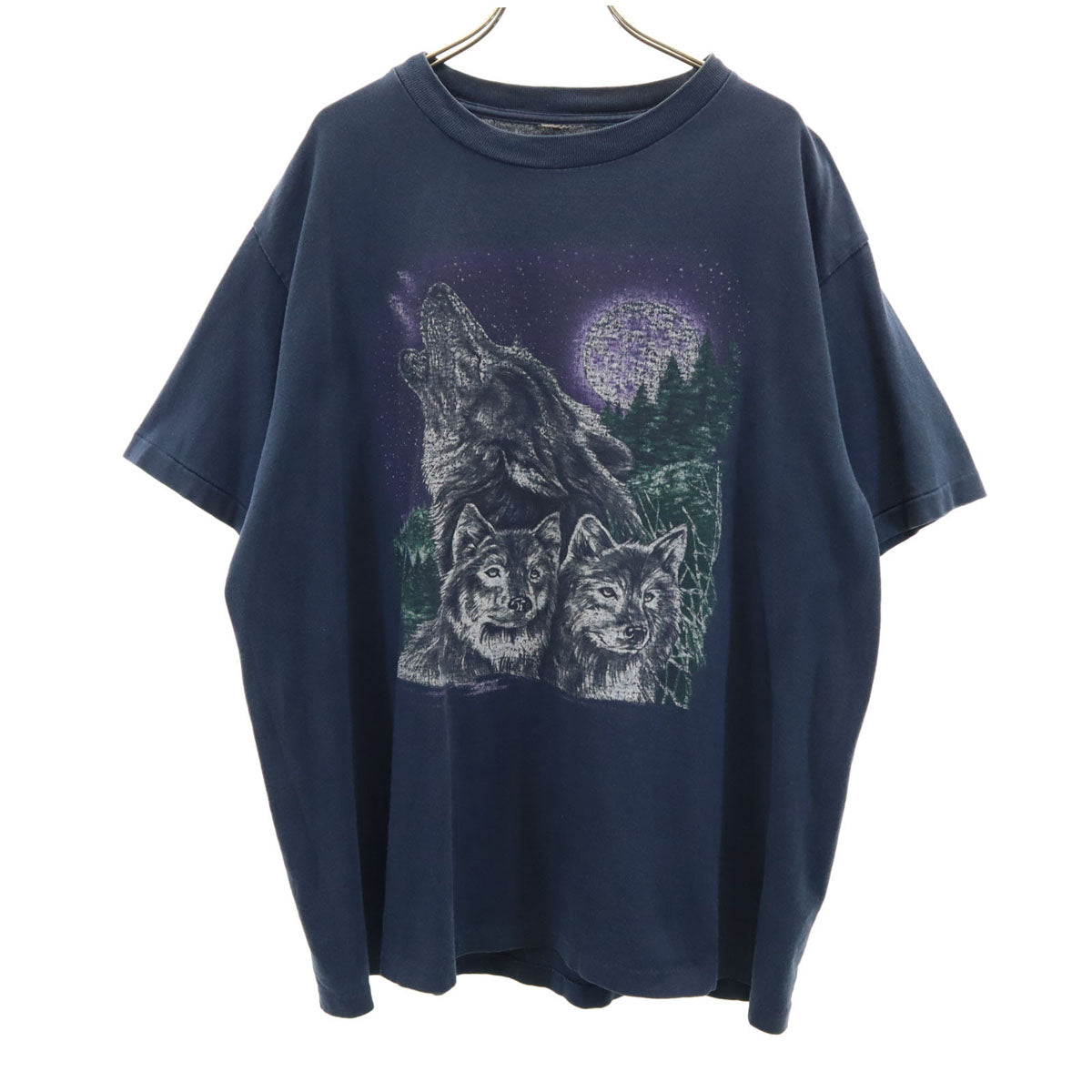 90s オールド オオカミ プリント 半袖 Tシャツ ネイビー シングルステッチ アニマル メンズ