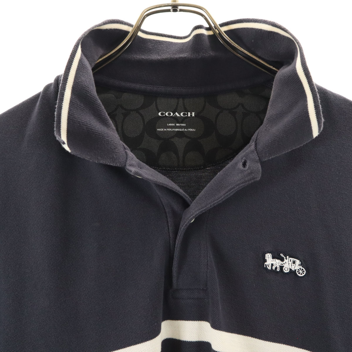 COACH コーチ ボーダー柄 半袖 ポロシャツ L チャコールネイビー C3121 メンズ