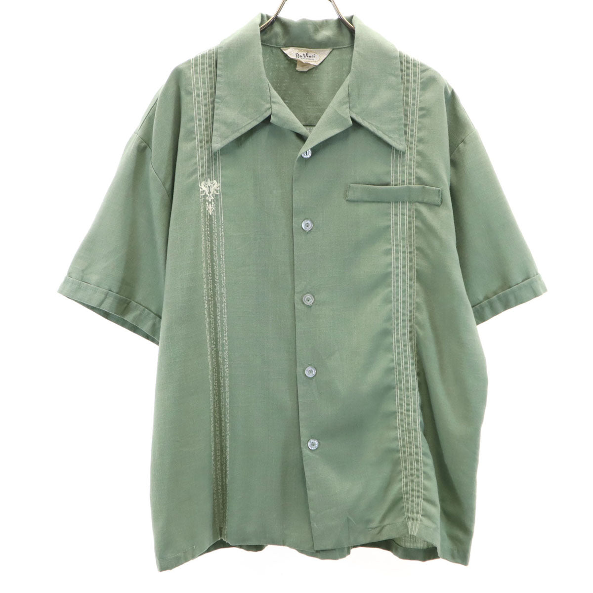 Davinci ダヴィンチ 60s USA製 ヴィンテージ 半袖 オープンカラーシャツ L モスグリーン系 レーヨン混 メンズ