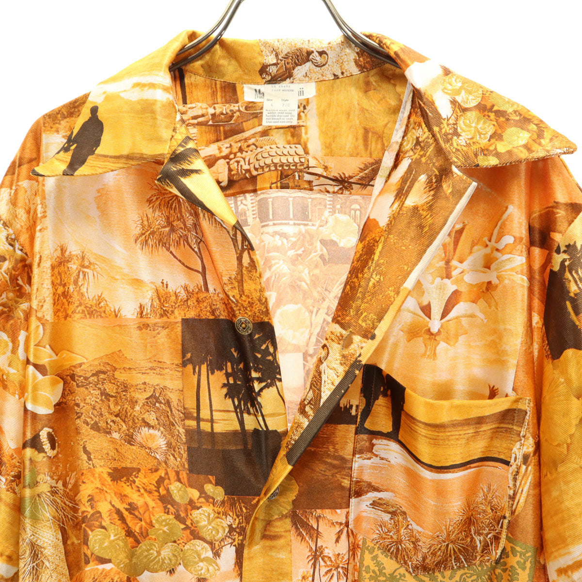 80s 90s ハワイ製 オールド 風景 総柄 半袖 アロハシャツ L オレンジ 開襟 メンズ