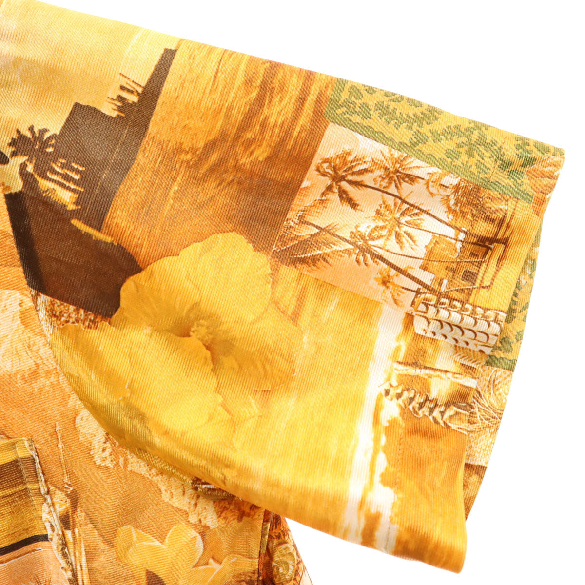 80s 90s ハワイ製 オールド 風景 総柄 半袖 アロハシャツ L オレンジ 開襟 メンズ