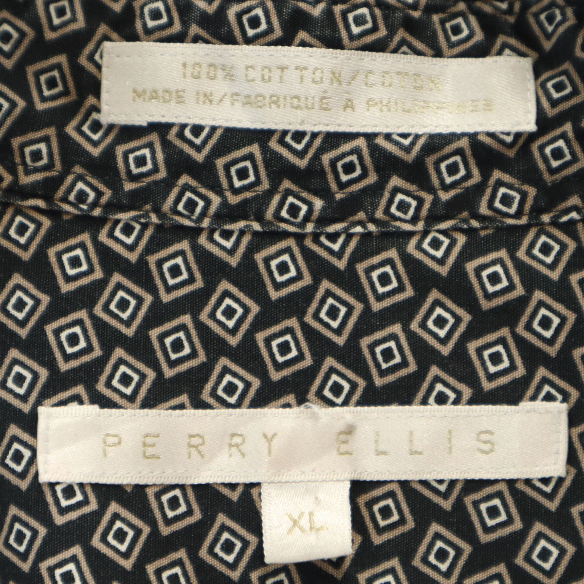 PERRY ELLIS ペリーエリス 総柄 半袖 コットンシャツ XL ブラック メンズ