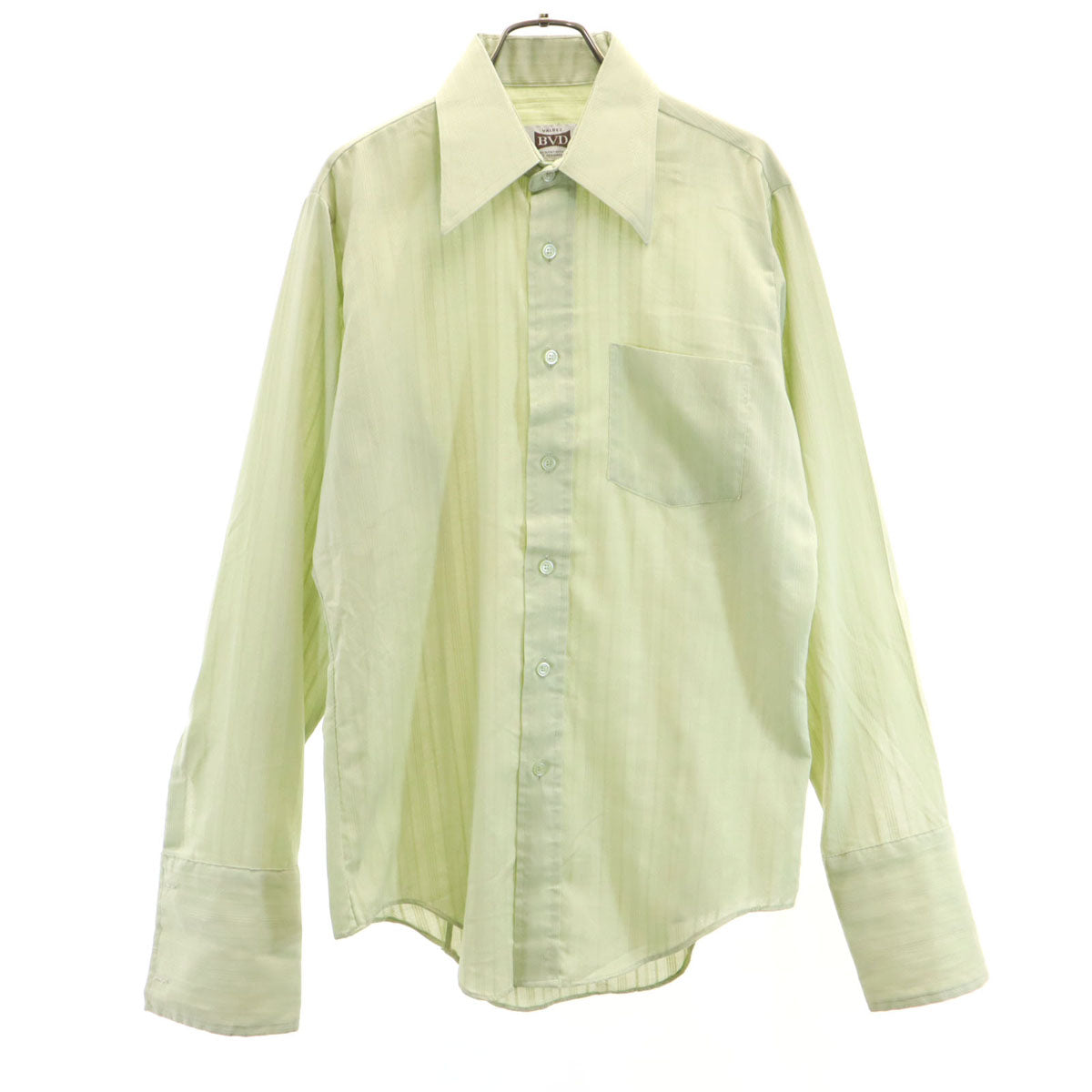 BVD 70s カナダ製 ヴィンテージ ストライプ柄 長袖 ダブルカフス シャツ 15 1/2 黄緑系 メンズ