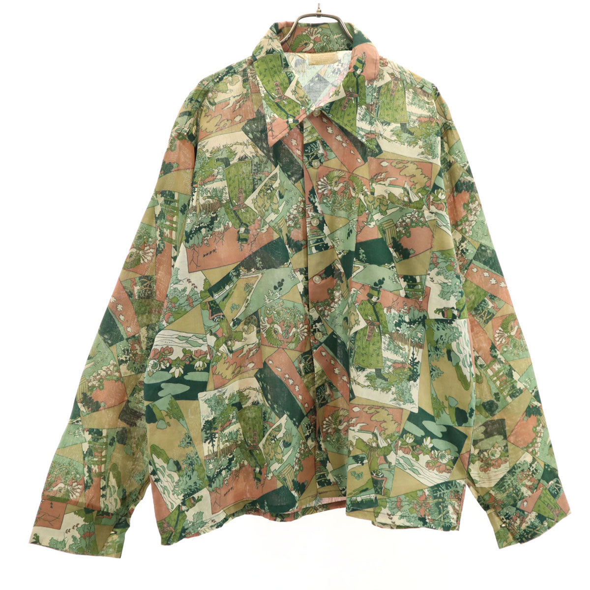 PERMA PRESSED 70s ヴィンテージ 総柄 長袖 シャツ XL グリーン系 メンズ