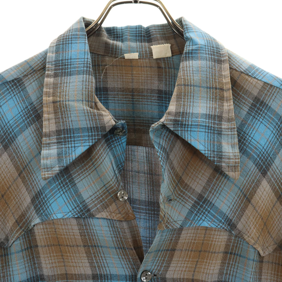 60s 70s ヴィンテージ オンブレチェック 長袖 ウエスタンシャツ BIG 水色 メンズ