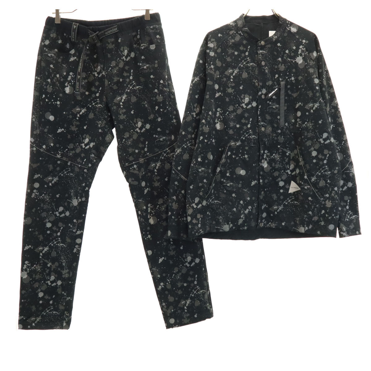 and wander アンドワンダー 日本製 ペイント柄 長袖 ドライストレッチ シャツ 上下 セットアップ 3 ブラック メンズ