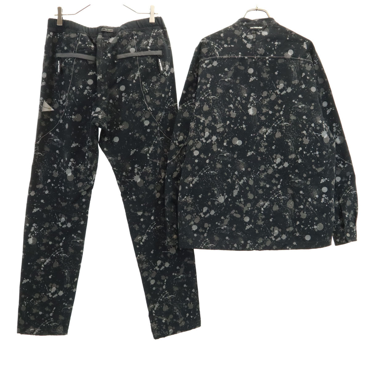 and wander アンドワンダー 日本製 ペイント柄 長袖 ドライストレッチ シャツ 上下 セットアップ 3 ブラック メンズ