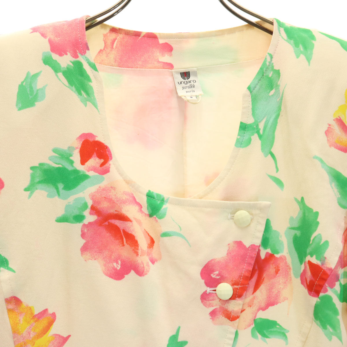 emanuel ungaro ウンガロ シルク 花柄 ノーカラージャケット 上下 セットアップ 9 アイボリー レディース