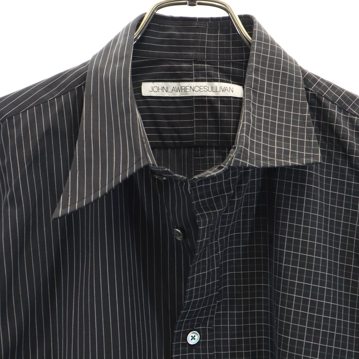 JOHN LAWRENCE SULLIVAN ジョンローレンスサリバン 日本製 チェック ストライプ柄 長袖 コットンシャツ 46 ブラック メンズ JOHN LAWRENCE SULLIVAN ジョンローレンスサリバン 日本製 チェック
