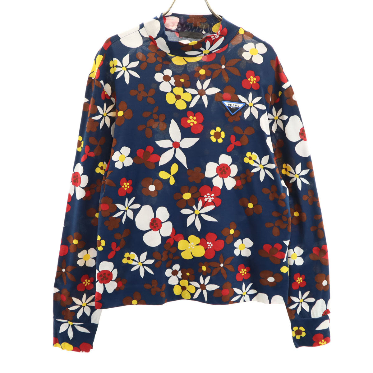 PRADA プラダ イタリア製 花柄 長袖 モックネック Tシャツ M ネイビー メンズ