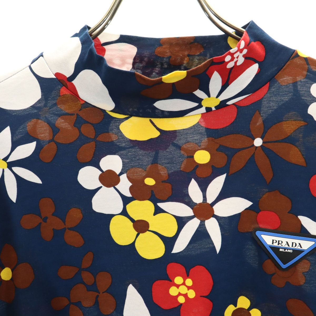 PRADA プラダ イタリア製 花柄 長袖 モックネック Tシャツ M ネイビー メンズ