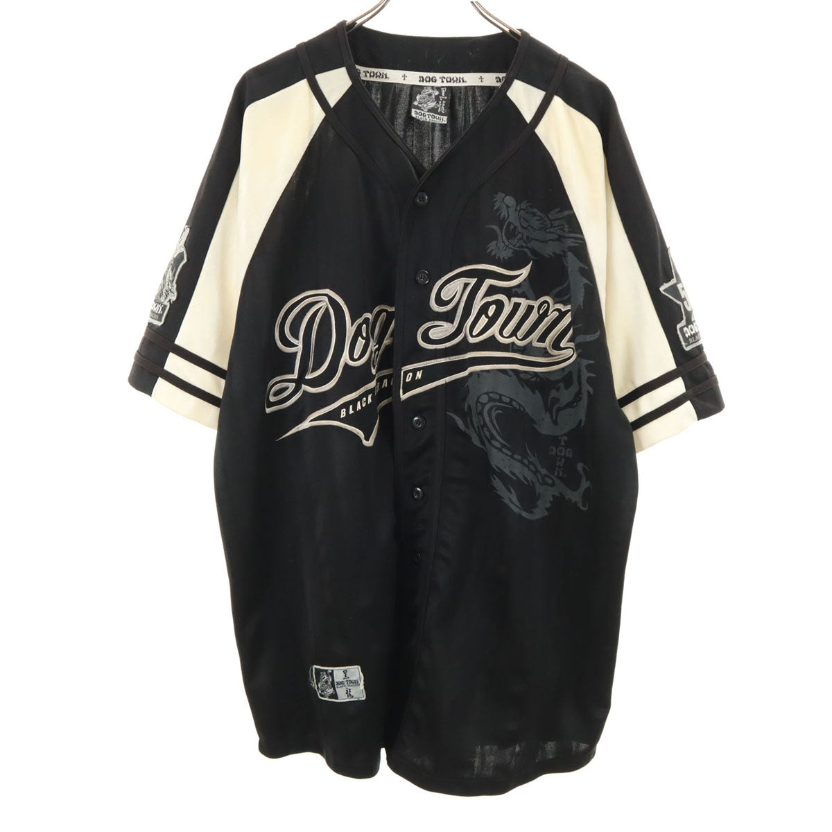 DOGTOWN ドッグタウン 90s オールド ベースボールシャツ 半袖 Vネック シャツ ブラック系 黒龍 メンズ