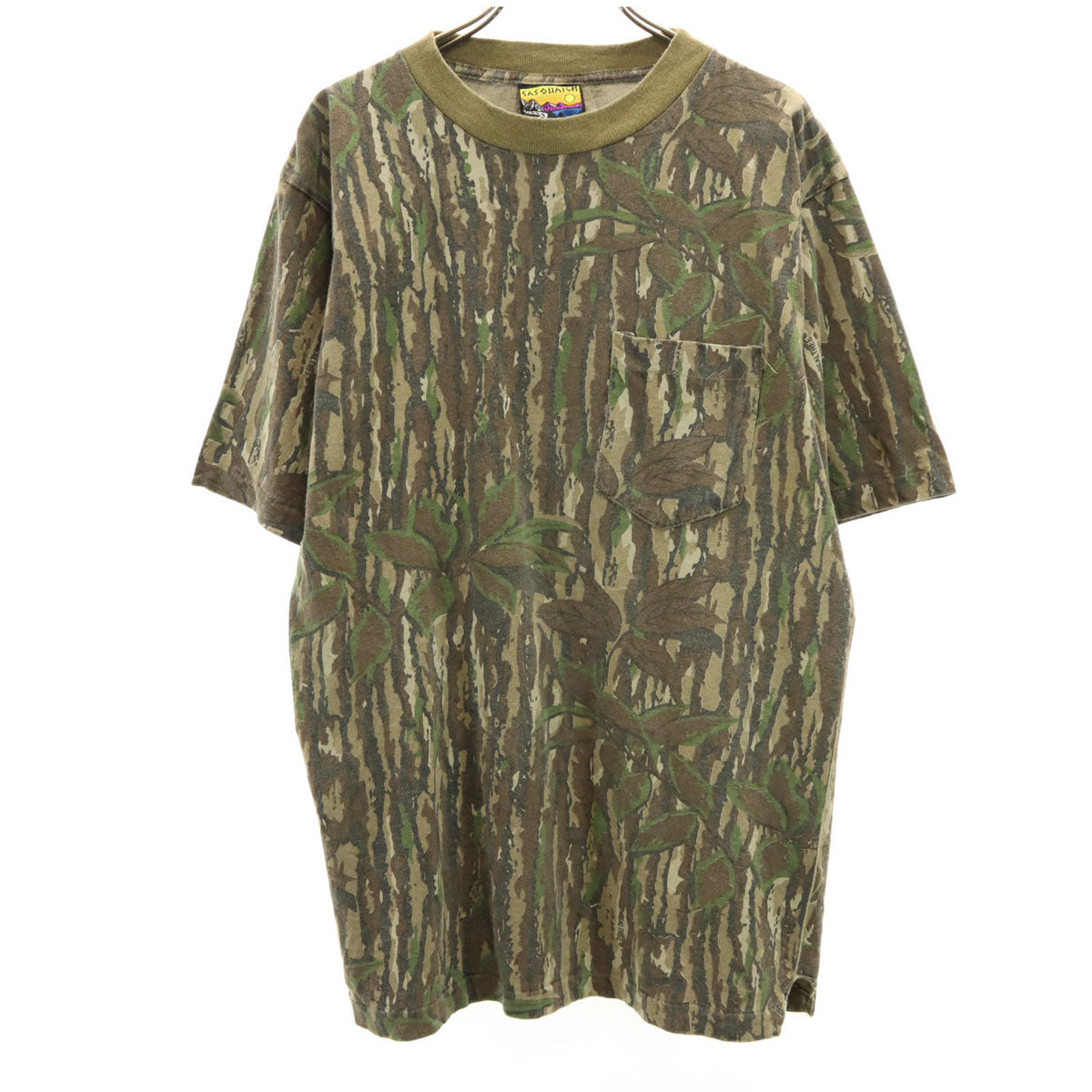 SASQUATCH サスクワッチ 90s USA製 オールド 迷彩柄 半袖 Tシャツ L カーキ ポケT シングルステッチ メンズ