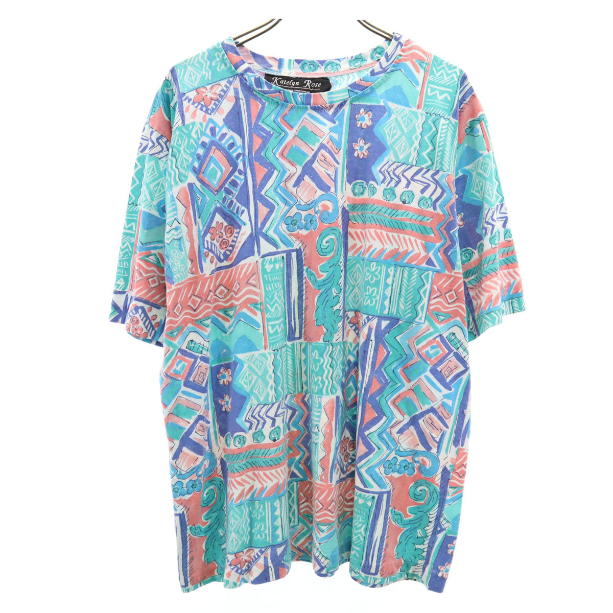katelyn rose ケイトリンローズ 90s USA製 オールド 総柄 半袖 Tシャツ 1X ブルー系 レディース