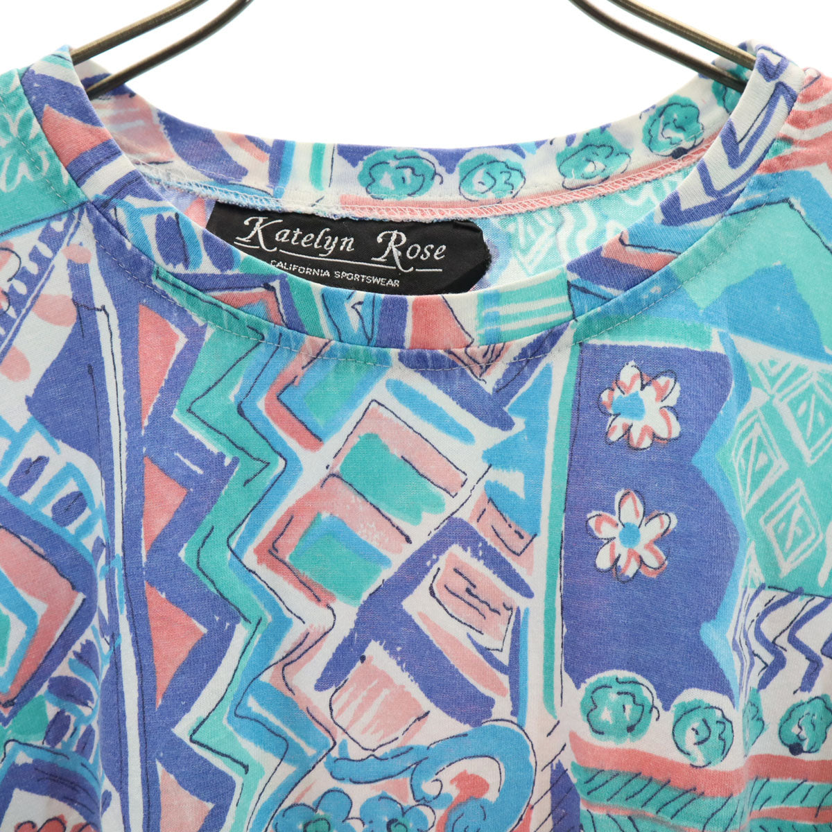 katelyn rose ケイトリンローズ 90s USA製 オールド 総柄 半袖 Tシャツ 1X ブルー系 レディース