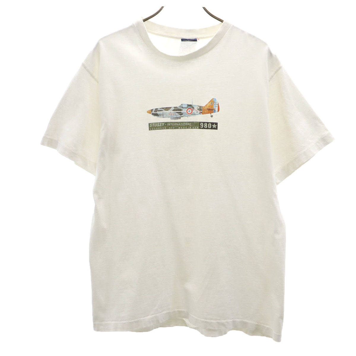 STUSSY ステューシー 90s USA製 オールド 紺タグ フランス空軍 戦闘機 D.520 半袖 Tシャツ M ホワイト シングルステッチ メンズ
