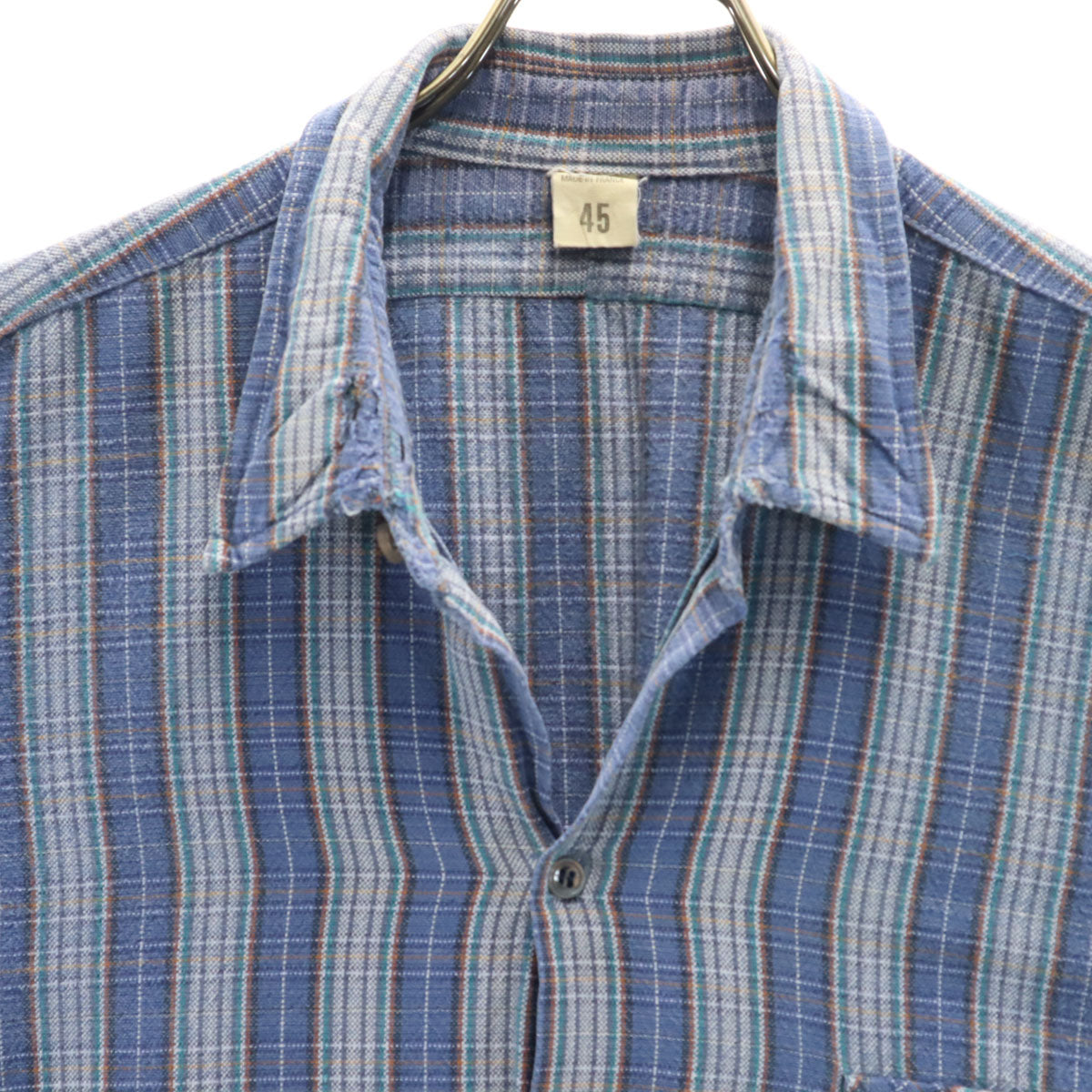EURO WORK ユーロワーク 50s フランス製 グランパ マチ付き チェック柄 長袖 ハーフボタン グランパ シャツ 45 ブルー系 プルオーバー メンズ