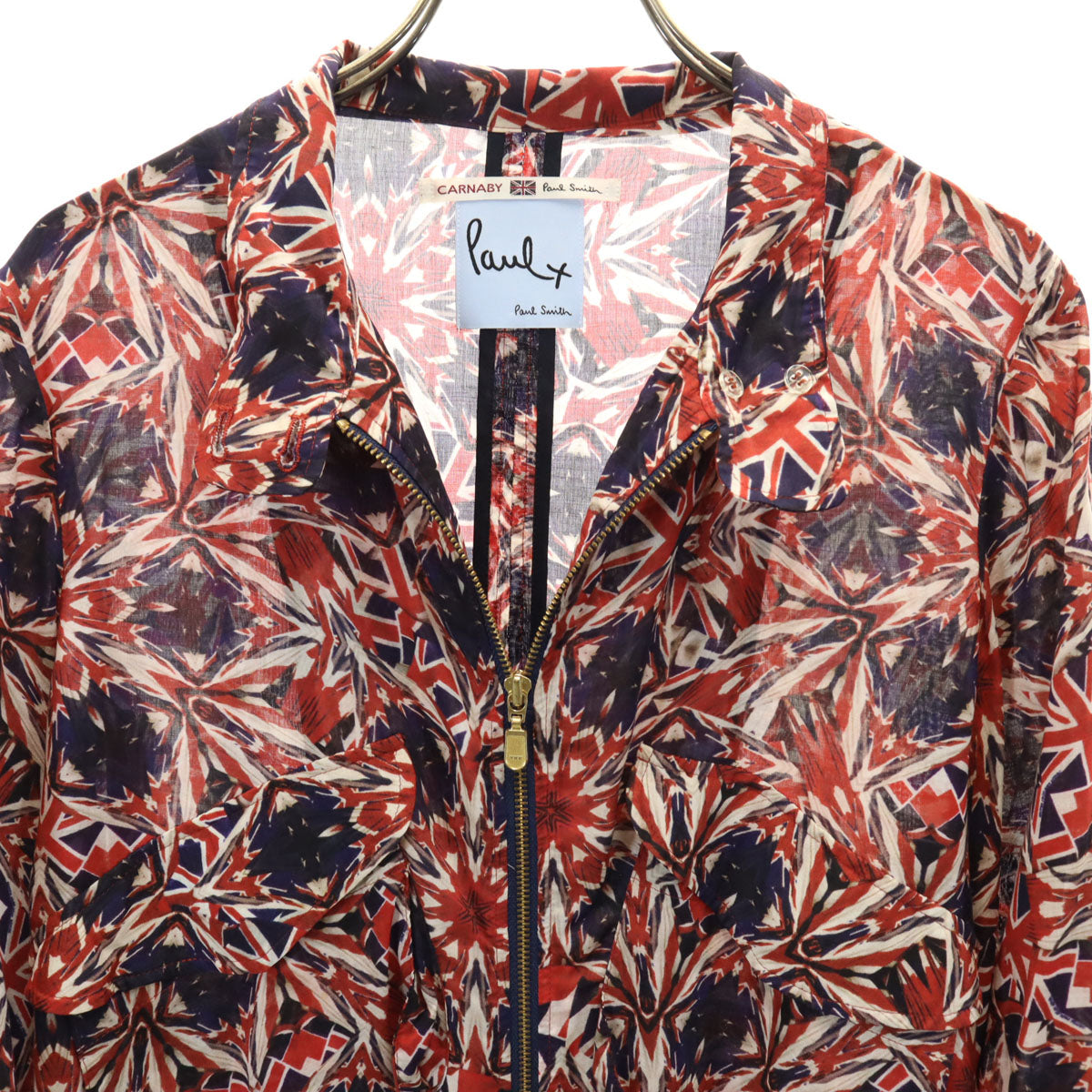 Paul+ Paul Smith ポールプラス ポールスミス 総柄 ショート丈 シアー ブルゾン 38 レッド ジャケット ロールアップ袖 レディース