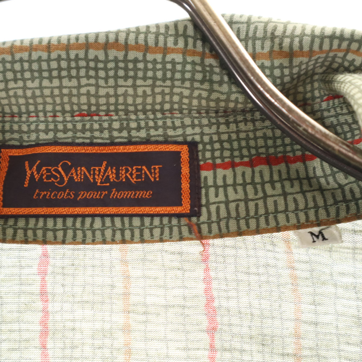 YVES SAINT LAURENT イヴサンローラン 90s オールド 総柄 長袖 ハーフボタン シャツ M グリーン系 メンズ
