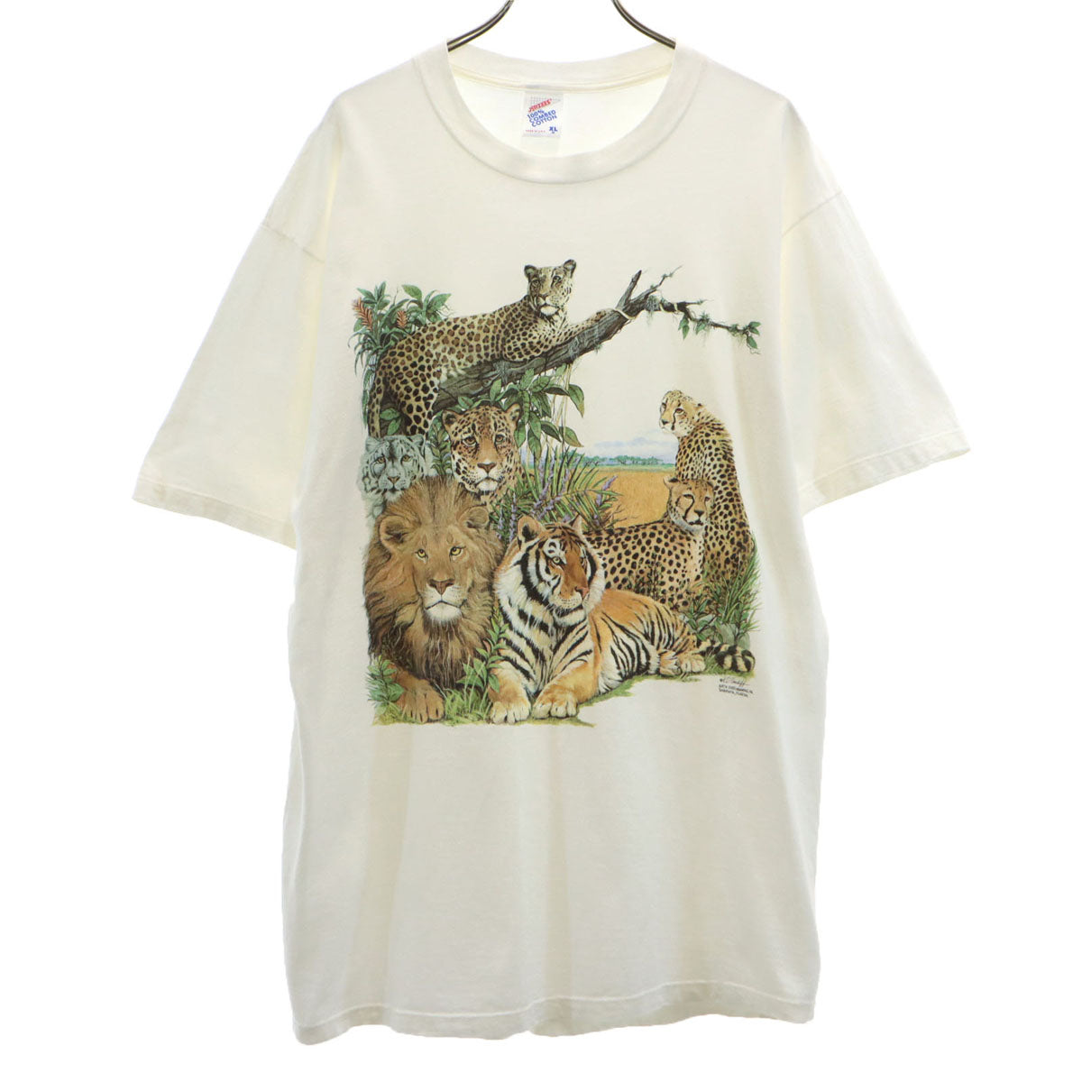JERZEES ジャージーズ 90s USA製 オールド ライオン プリント 半袖 Tシャツ XL オフホワイト アニマル メンズ