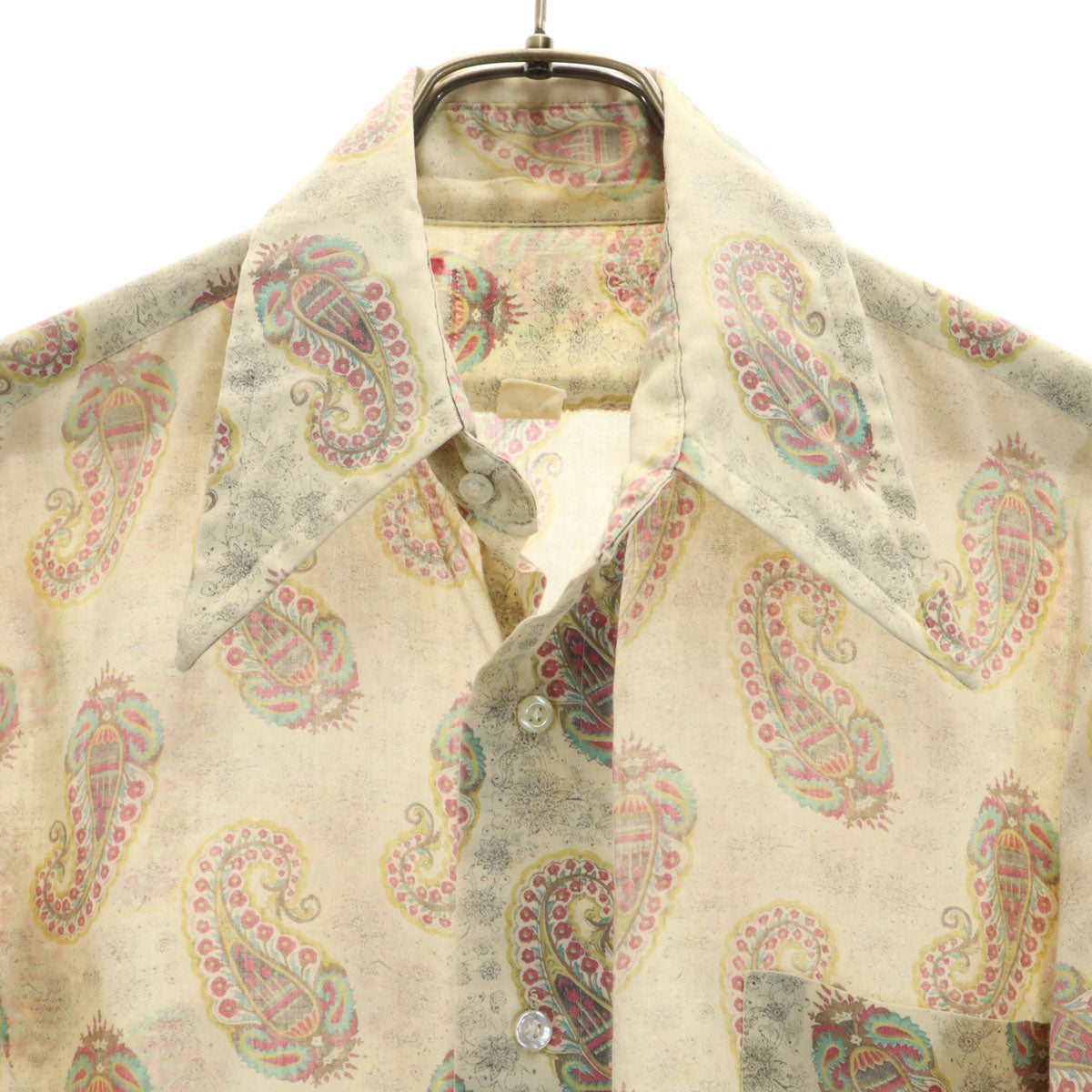 70s ヴィンテージ 総柄 長袖 シャツ S アイボリー系 メンズ