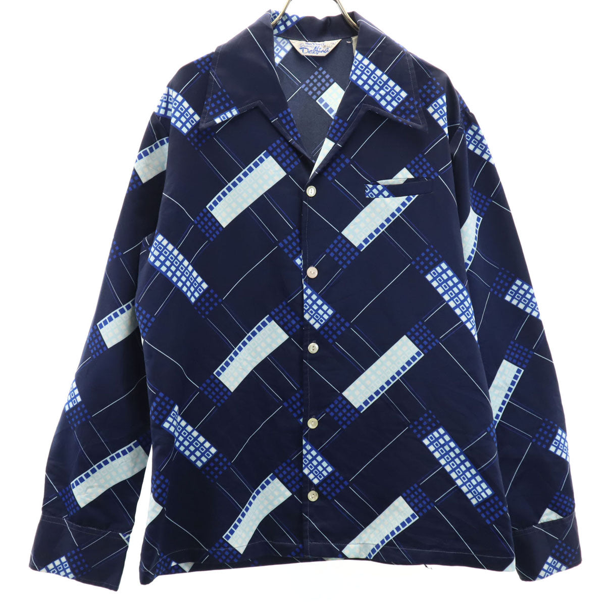 Da Vinci Delfina 70s ヴィンテージ 幾何学柄 長袖 オープンカラーシャツ L ネイビー メンズ