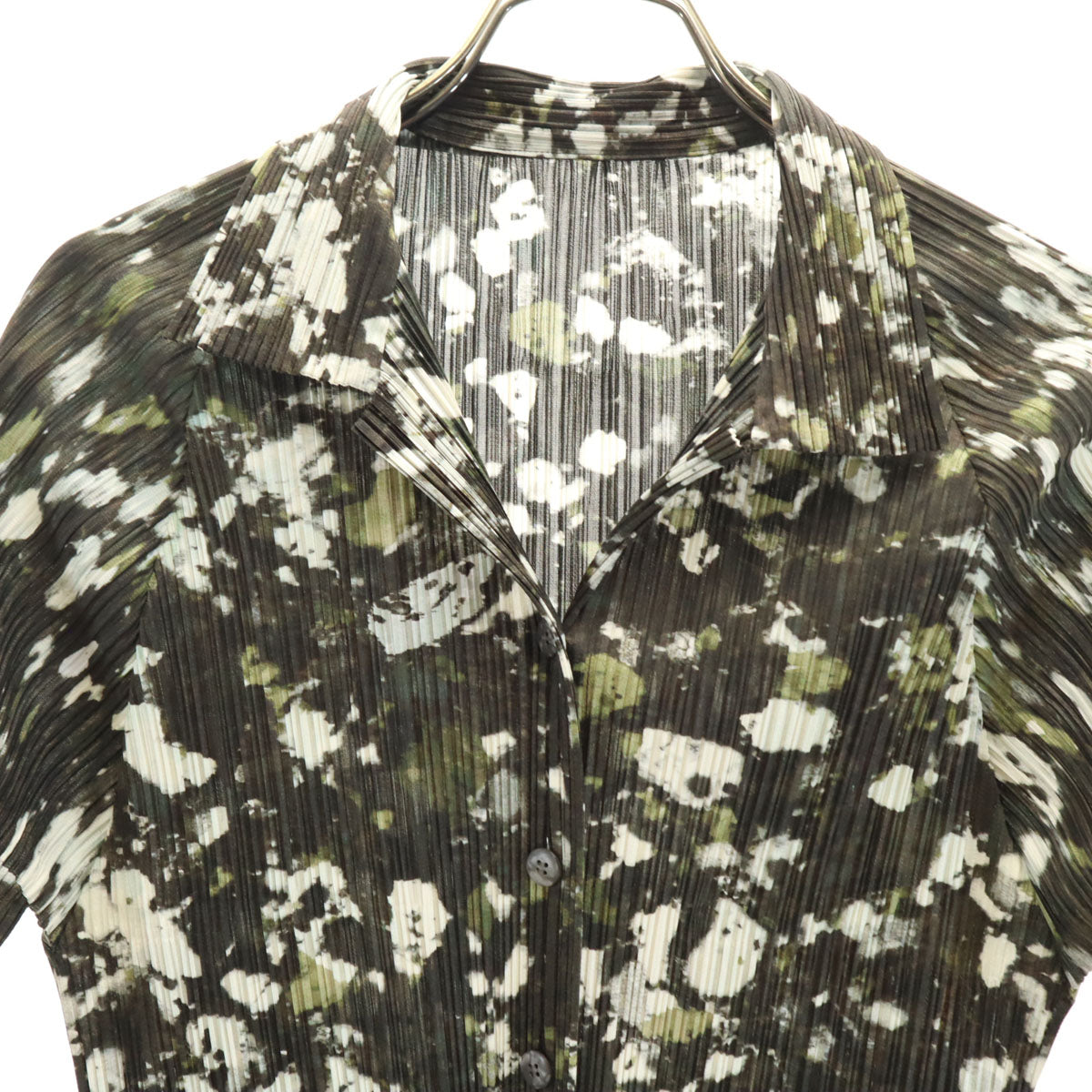 PLEATS PLEASE プリーツプリーズ 90s 日本製 オールド 総柄 半袖 オープンカラーシャツ 3 グリーン系 イッセイミヤケ レディース