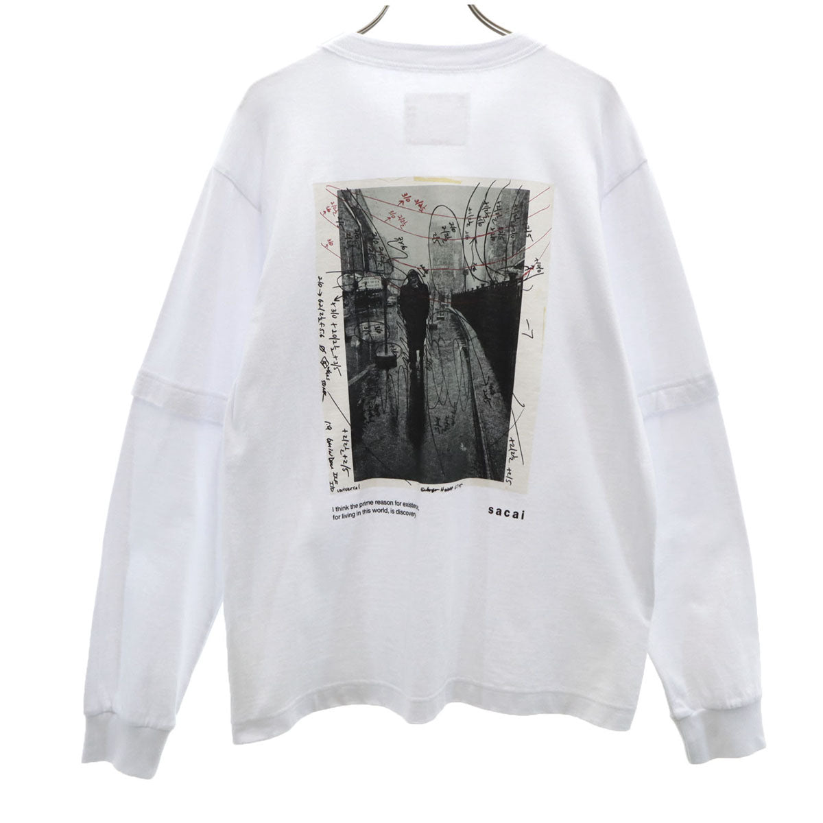 Sacai サカイ 日本製 バック プリント 長袖 Tシャツ 2 ホワイト ポケT メンズ