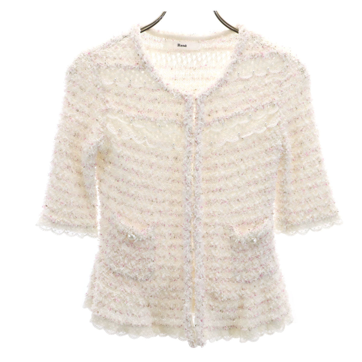 Rene ルネ 日本製 半袖 ツイード ニット 34 ホワイト レディース