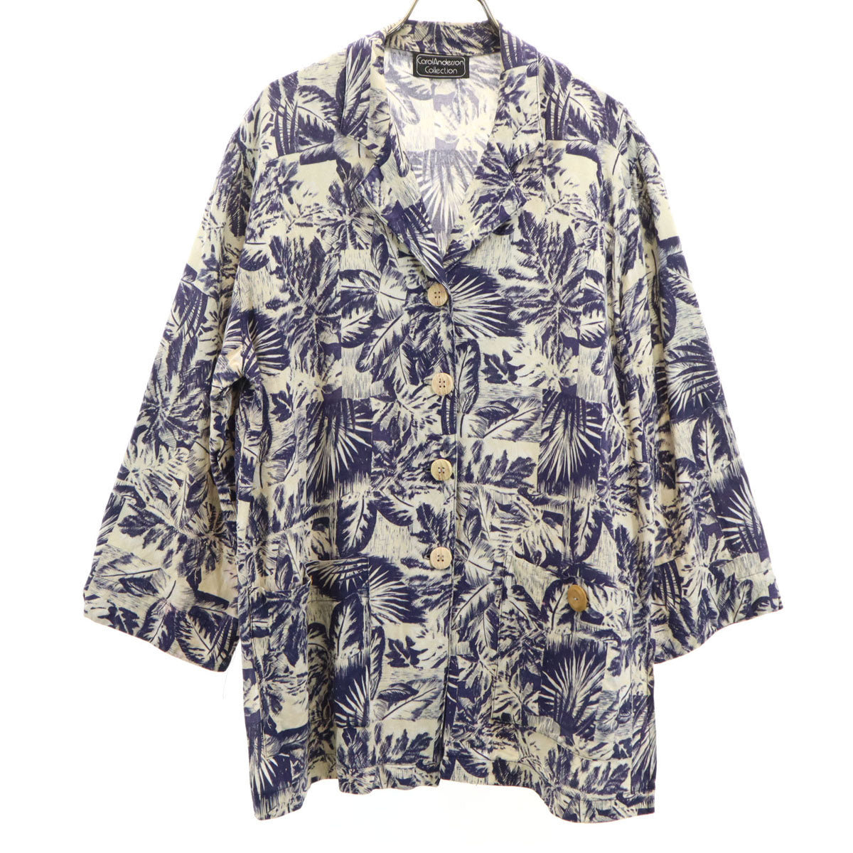Carol Anderson Collection キャロルアンダーソンコレクション 80s 90s オールド 長袖アロハ 総柄 長袖 アロハ ジャケット ネイビー系 レディース